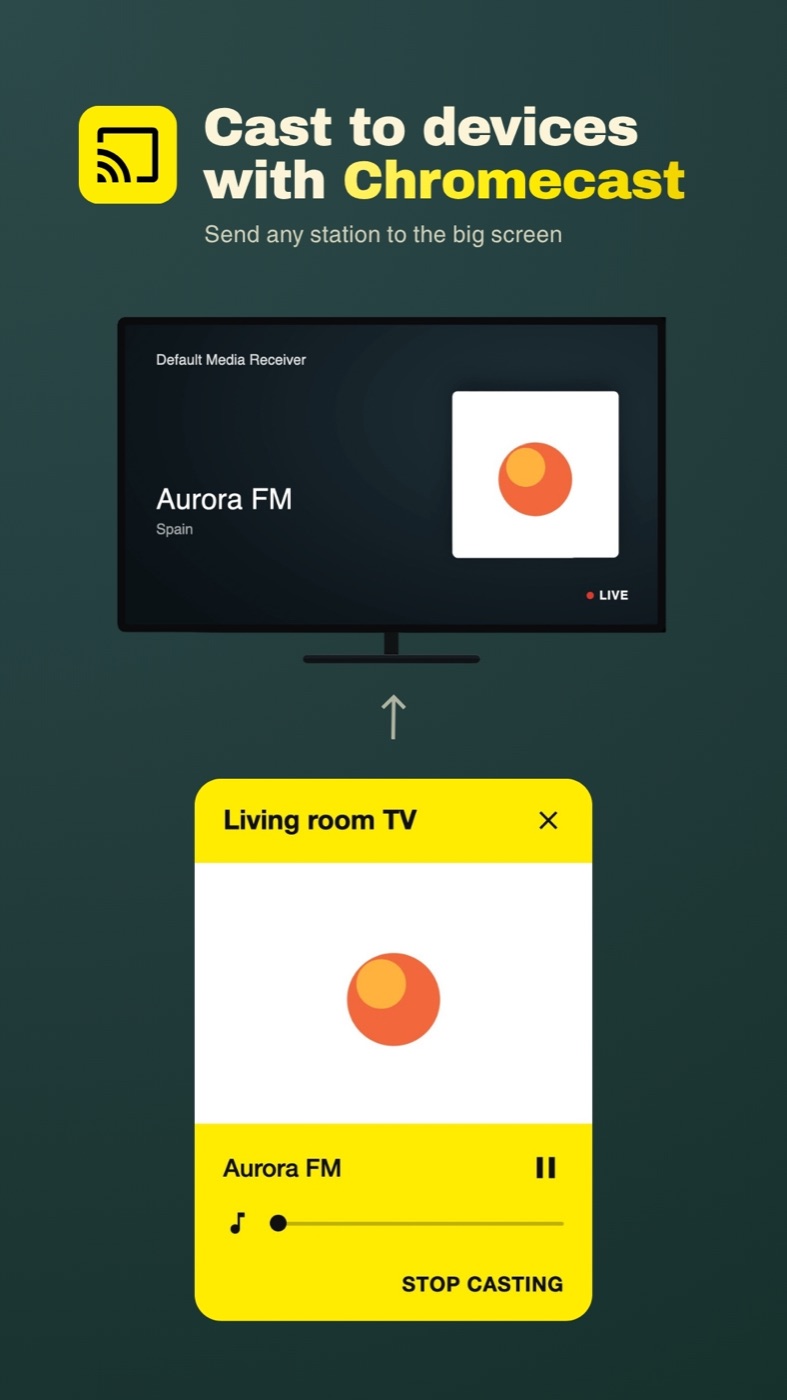 Cast to devices with Chromecast — send any station to the big screen