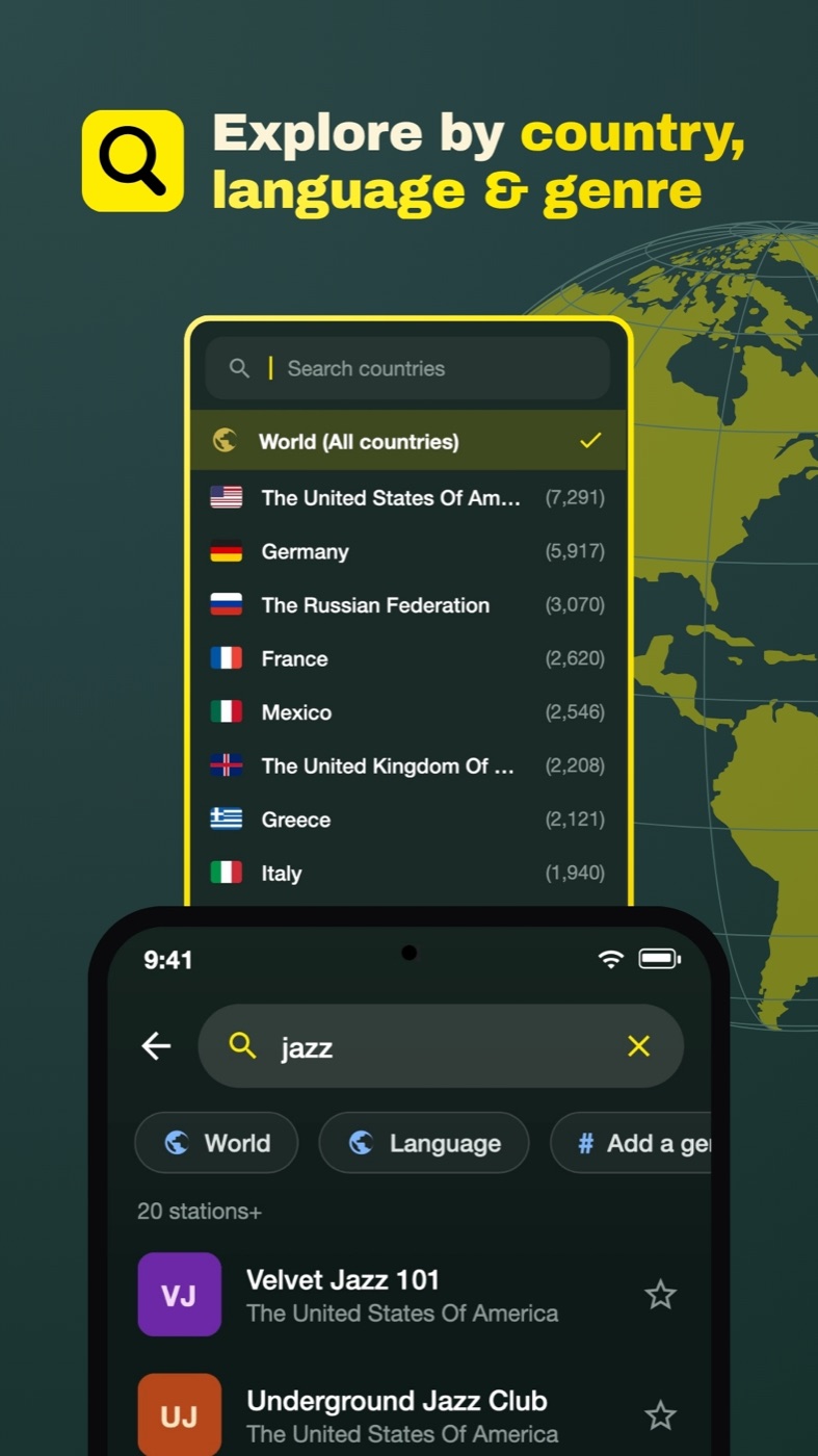 Explore by country, language and genre — Global Radio Plus