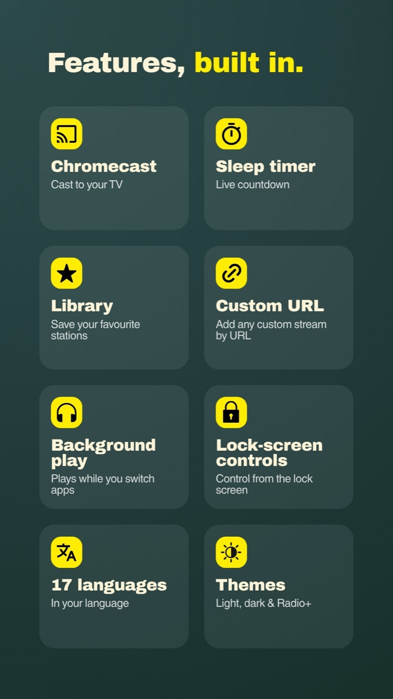 Features built in — Chromecast, sleep timer, library, custom URL and more