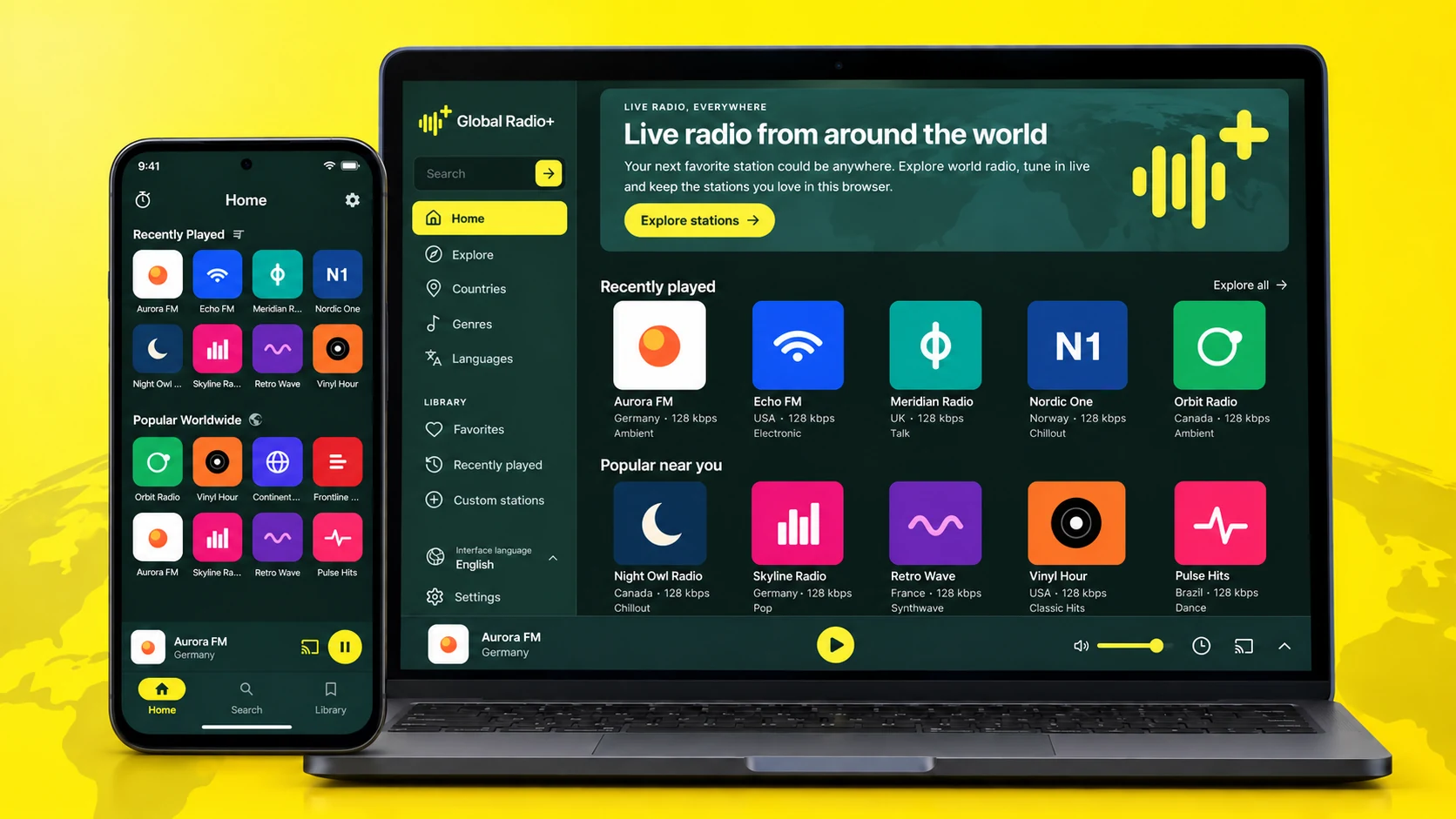 Illustration of Global Radio Plus on web and Android with fictional station artwork